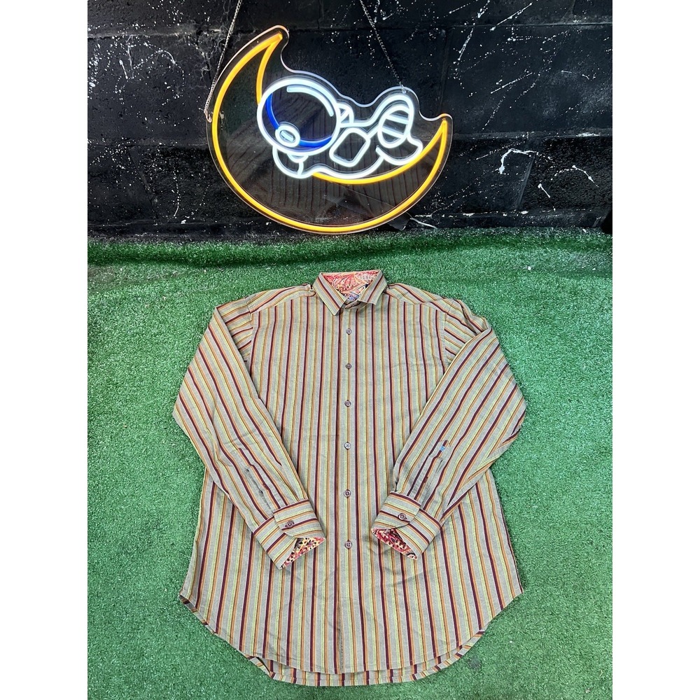 Robert Graham Green Striped Design Casual Mens Large Button Up Longsleeve